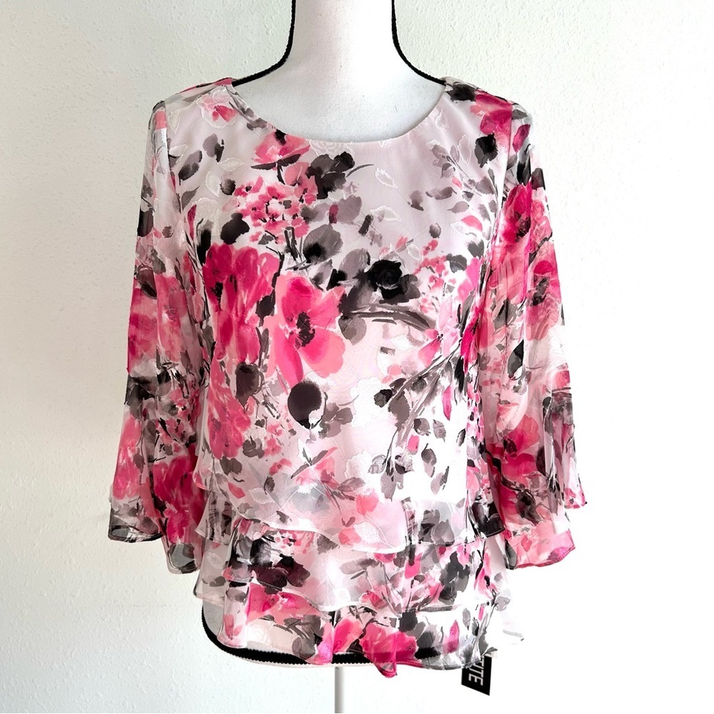 Alex Evenings Chiffon Blouse Petite Size S Pink Asymmetrical Floral Party